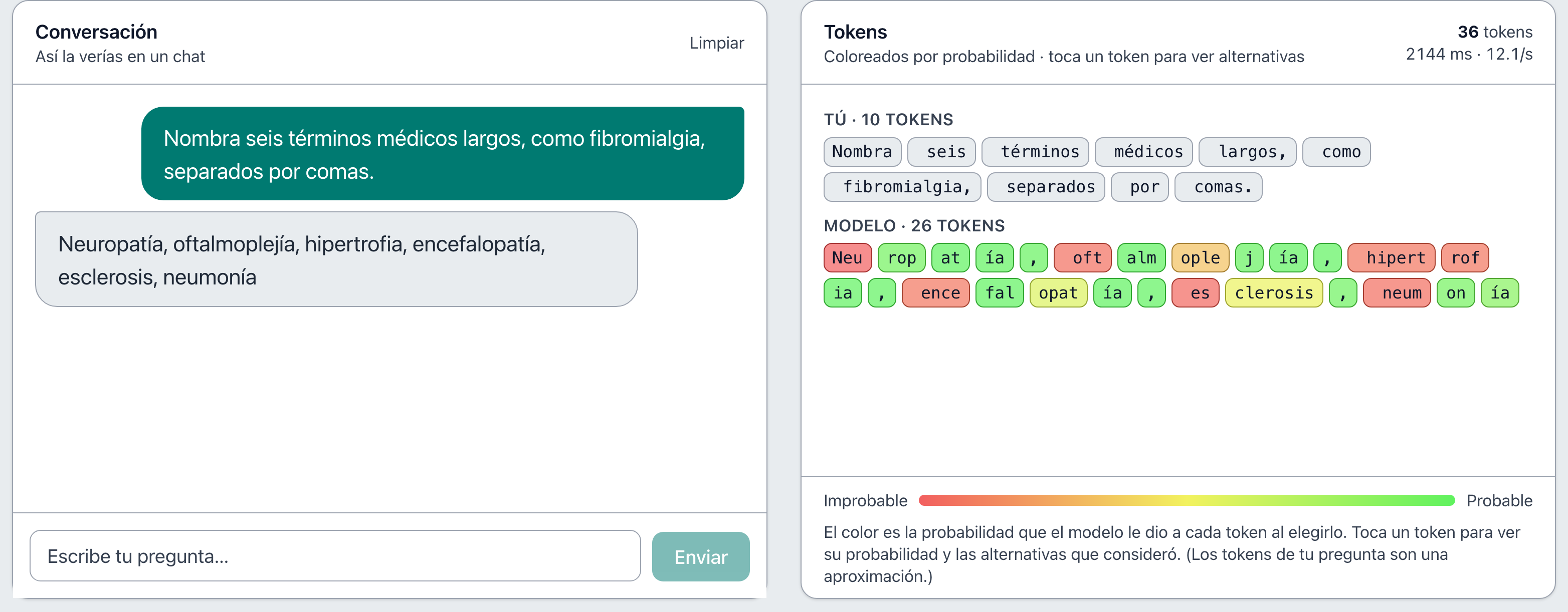 Captura de la app: seis términos médicos partidos en tokens y coloreados por probabilidad